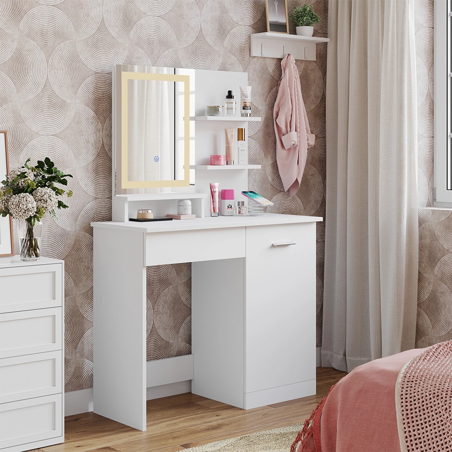 Vicco Schminktisch Julia Weiß 90 cm mit LED-Spiegel und QI-Ladestation günstig online kaufen