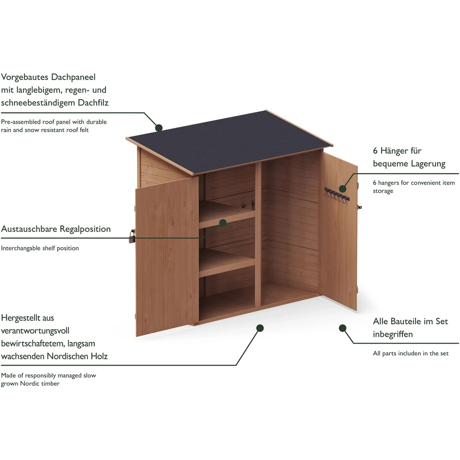 Upyard Garten-Werkzeugschuppen aus Holz, imprägniert, mit Regalen und Haken, 150x70 cm, FSC® zertifiziert.
