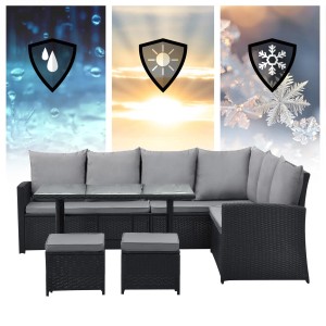 Schwarzes Svita Monroe Garten Lounge Set aus Polyrattan mit Tisch und Hockern.