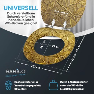 SANILO WC-Sitz Bractea mit Absenkautomatik, Holz, Blattmuster in Goldoptik.