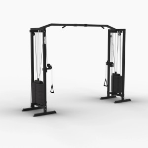 Schwarzer Suprfit Hallador Kabelzugturm mit Gewichtsblöcken und Klimmzugstange für vielseitiges Krafttraining.