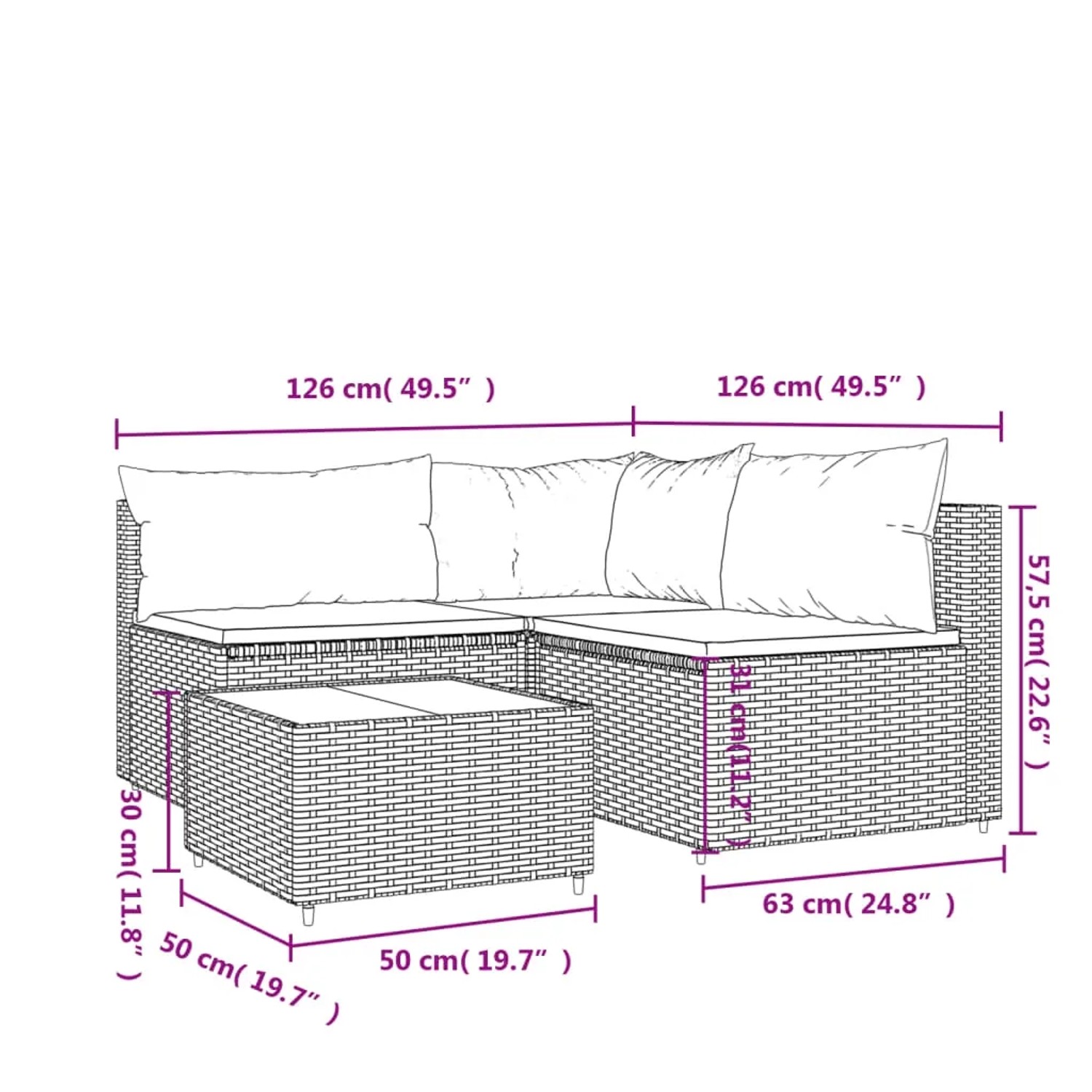 Graues 4-tlg. Garten Lounge Set aus Polyrattan mit Kissen und Tisch, Maße siehe Zeichnung.