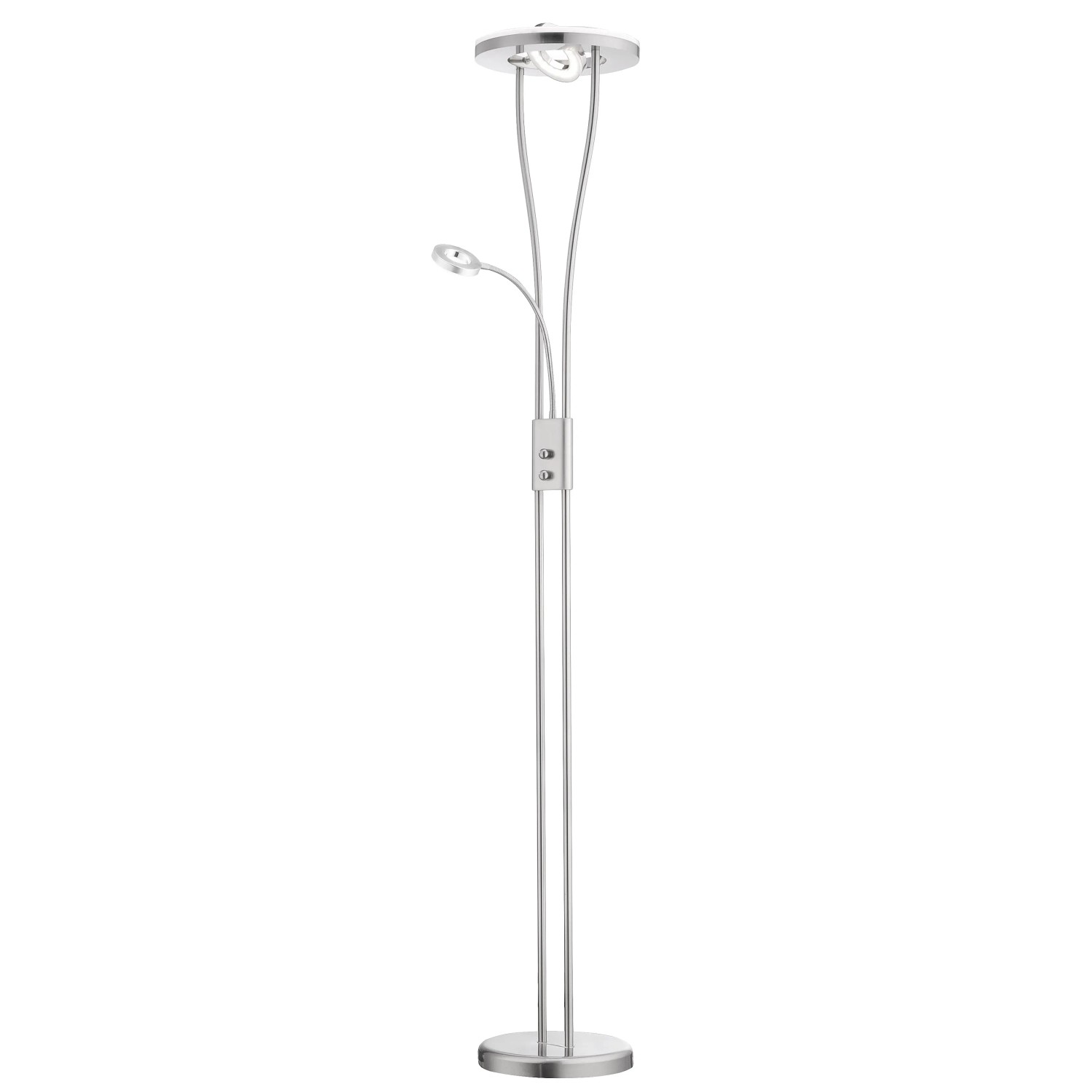 Moderner LED-Deckenfluter Helia in Stahl gebürstet mit Leseleuchte, Höhe 187,5 cm.