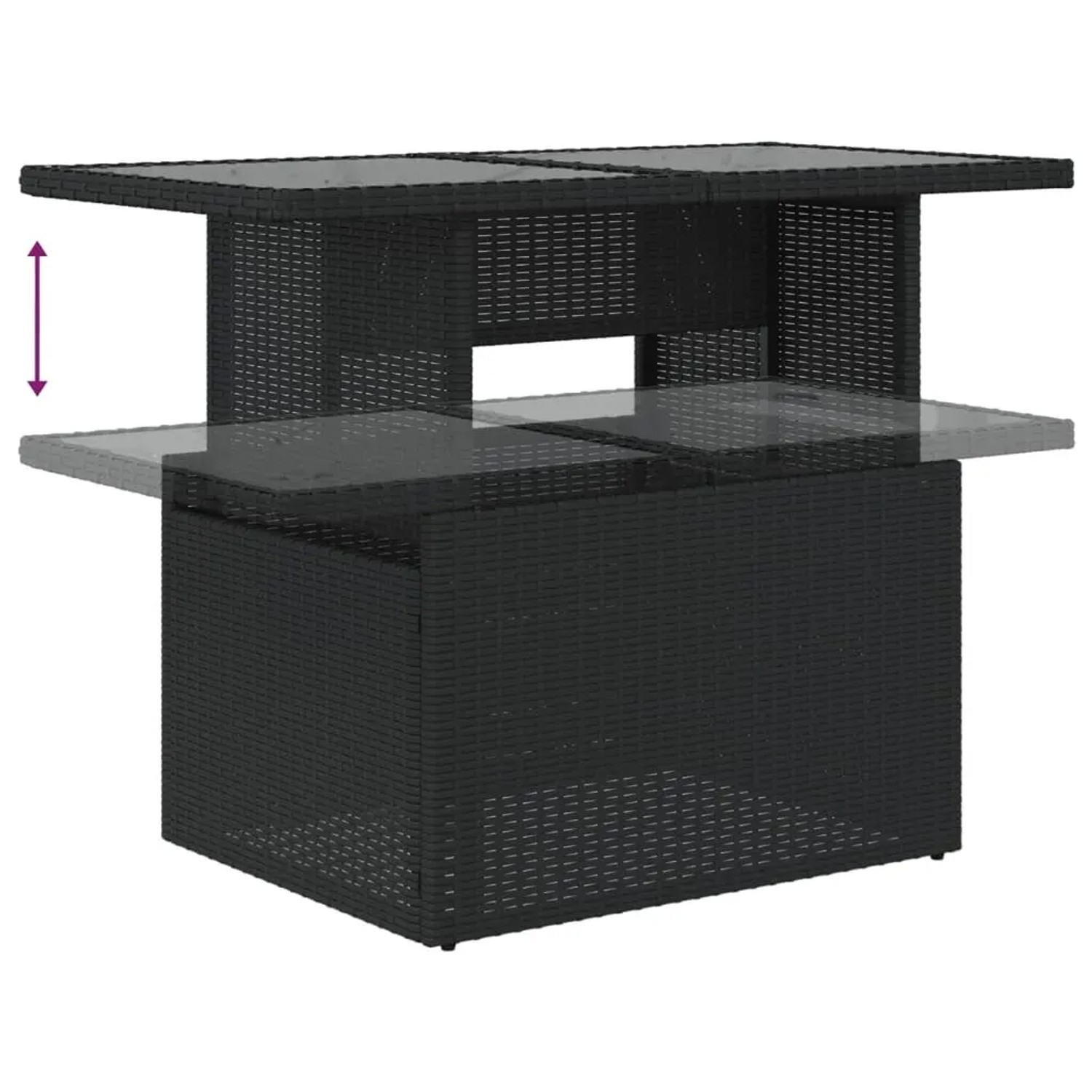 Schwarzer vidaXL Gartentisch mit höhenverstellbarer Glasplatte aus Poly Rattan.