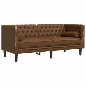 Braunes 2-Sitzer Chesterfield Sofa aus Kunstleder mit Knopfheftung und Nackenrollen.