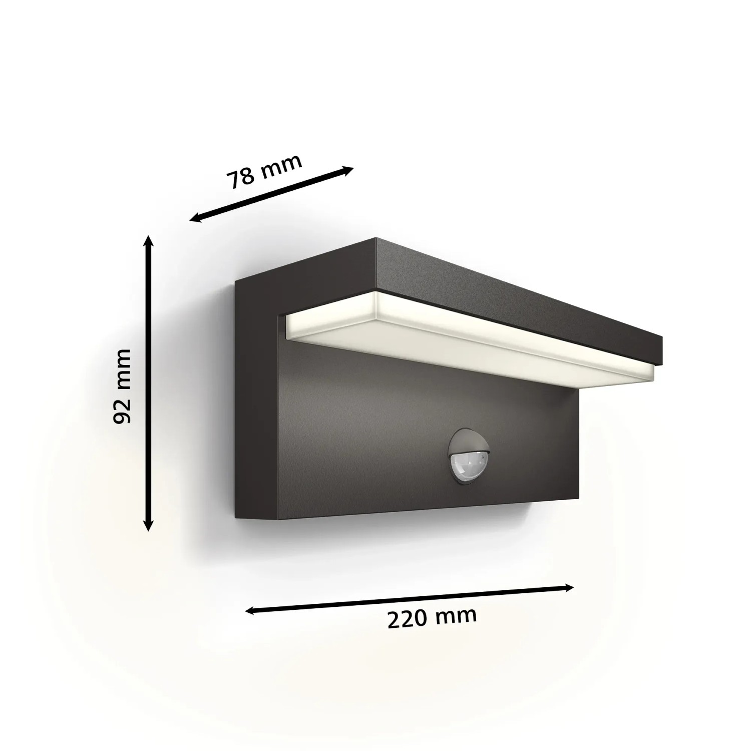 Anthrazitfarbene Philips LED Aussenwandleuchte Bustan mit Bewegungssensor und Massangaben.