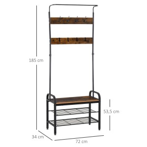 Schwarzer HOMCOM Garderobenständer mit 8 Haken, 2 Ablagen aus MDF, 72x34x185 cm.