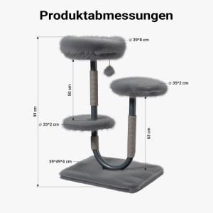 Grauer Wiltec Kratzbaum 99 cm mit 3 Ebenen, Plüschbezug, Sisalstangen und Spielball. Produktabmessungen.