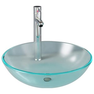 vidaXL Waschbecken-Set mit Armatur und Ablauf, mattiertes Glas, silbern.