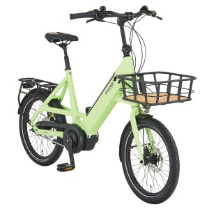 Prophete Urbanicer 3.0 Kompakt E-Bike, 20 Zoll, hellgrün, mit Frontkorb und Gepäckträger.