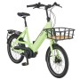 Prophete Urbanicer 3.0 Kompakt E-Bike, 20 Zoll, hellgrün, mit Frontkorb und Gepäckträger.
