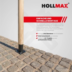 Schwarze HOLLMAX Aufschraubhülse für 80 mm Rundholzpfosten, auf Pflastersteinen montiert. Pulverbeschichteter Pfostenträger.