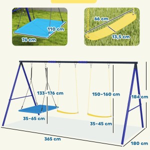 AIYAPLAY Kinderschaukel mit 3 Sitzen: Gürtelschaukeln und Plattformschaukel, Maße und Details.