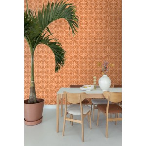 ESTAhome Vliestapete mit orangebraunem Muster abgenutzter Fliesen im Esszimmer. Dekorative Wandgestaltung.
