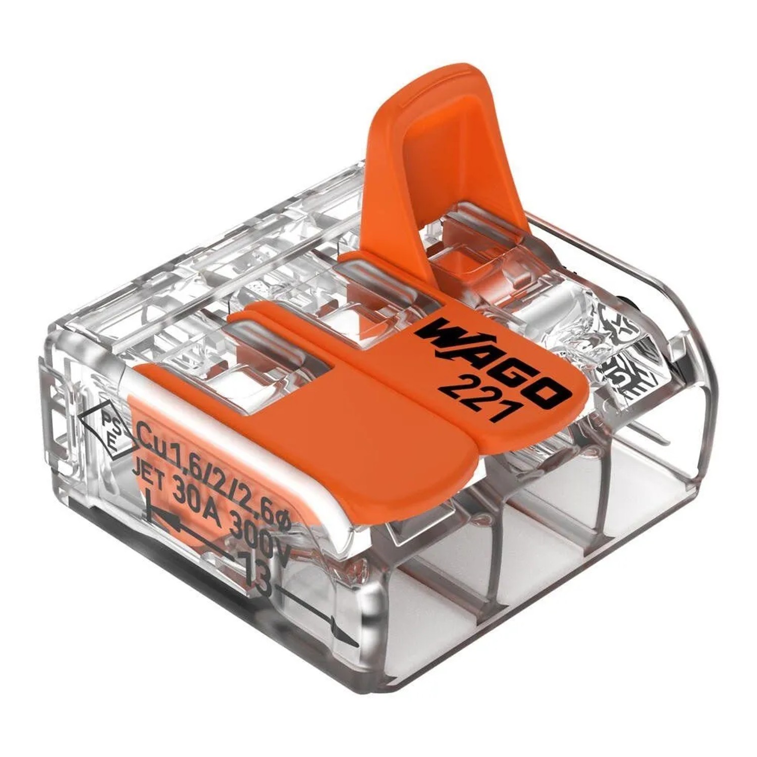 Wago Hebelklemme, 3-polig, für Leiter Ø 0,5-6mm², 5er-Set, Verbindungsklemme mit orangenen Hebeln.