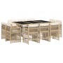 11-teilige Garten Essgruppe aus Rattan mit Tisch, Stühlen und Kissen in Beige.