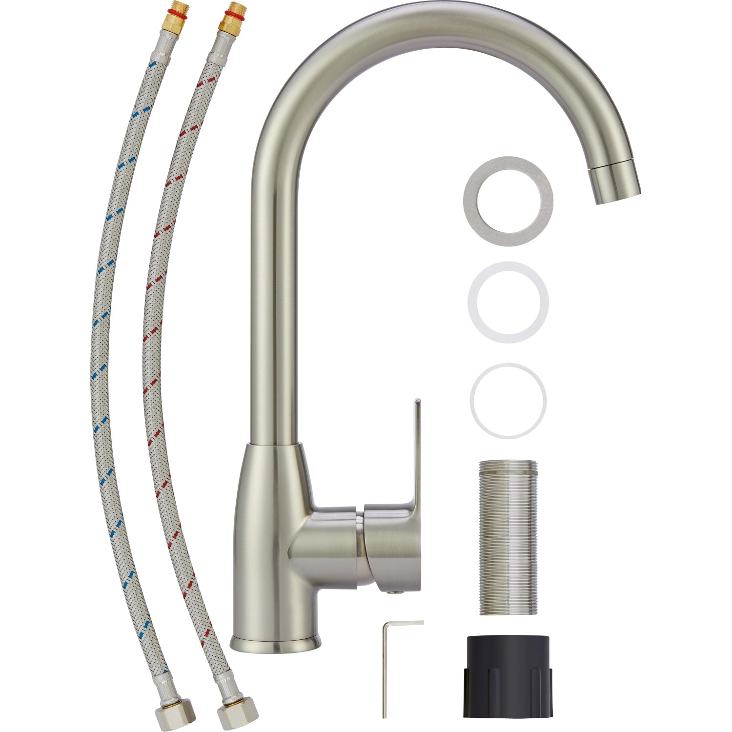 Küchenarmatur Lattari in Edelstahl-Optik mit Zubehör für die Montage.