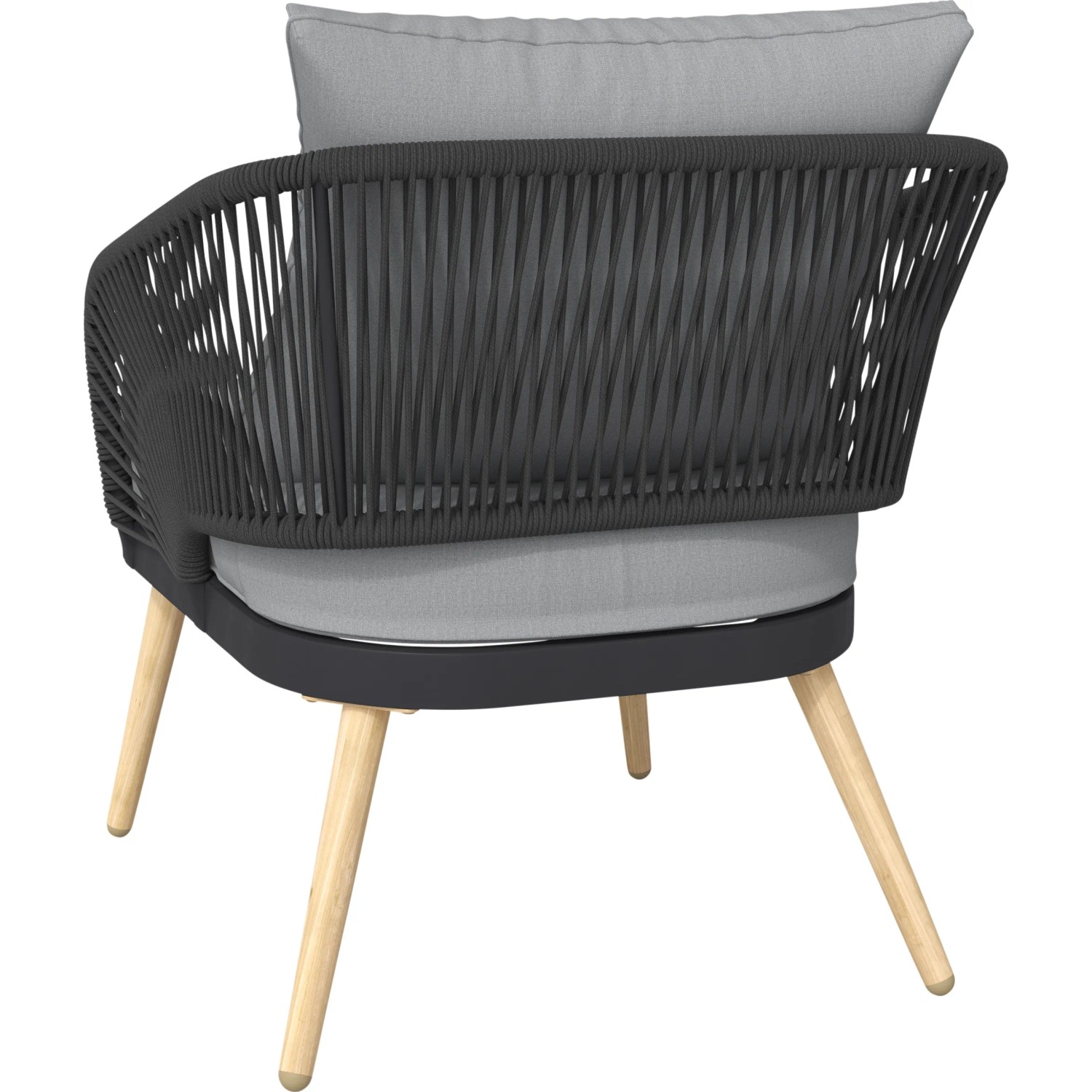 Detailansicht Lounge-Sessel Edna mit anthrazitfarbener Seilbespannung und hellen Holzfüßen.