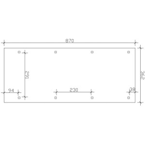 Skizze des Skan Holz Carport Wendland (362x870cm) mit Maßangaben für Pfosten und Abstände.