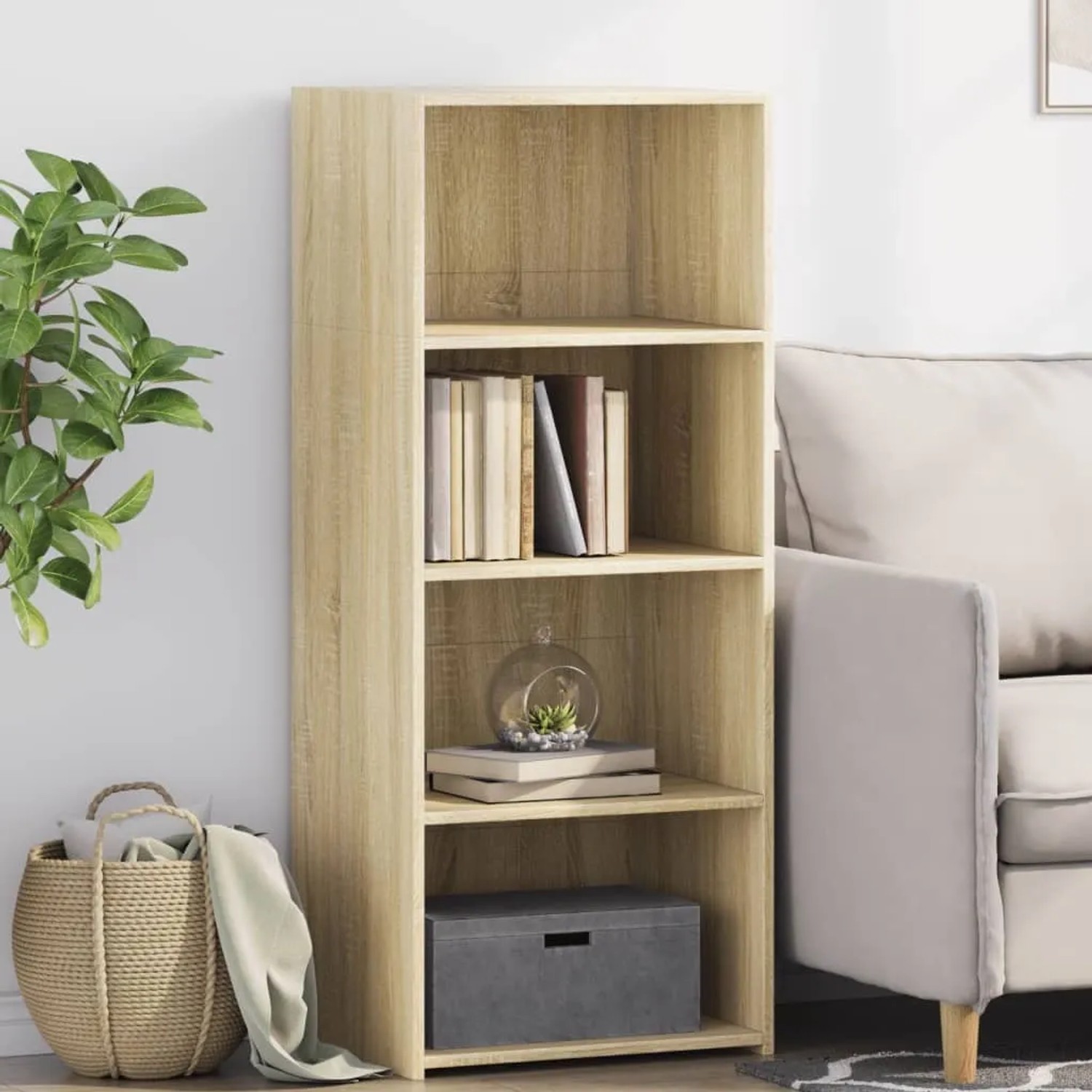 Highboard Sonoma Eiche, 124cm hoch. Kommode mit vier Fächern aus Holzwerkstoff.