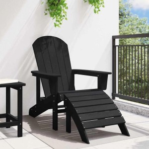 Schwarzer vidaXL Adirondack-Stuhl aus HDPE mit Fußstütze für Garten und Terrasse.