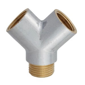 Verchromtes Kirchhoff Y-Verteilerstück, 18,7 mm IG x 21 mm AG, für Gewindefittings.