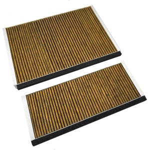 AIR2GO Aktivkohlefilter-Set für Siemens Dunstabzugshauben. Zwei rechteckige, braun-gerippte Filter mit schwarzem Schaumrand und silbernen Seiten.