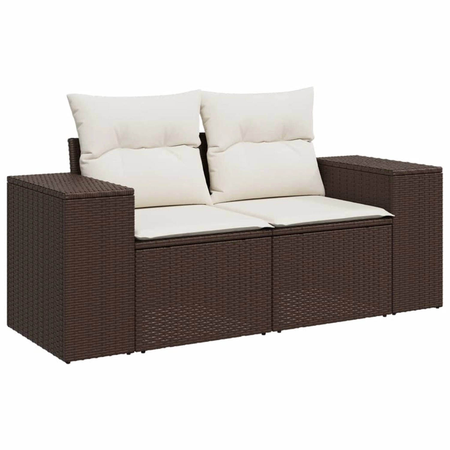 Braune vidaXL Garten-Sofagarnitur aus Rattan mit cremefarbenen Kissen.