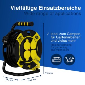 REV Ritter Kabeltrommel mit 25 m Kabel, 4-fach, schwarz-gelb, für den Außenbereich.