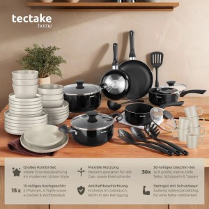 Tectake Küchenstarterset mit Töpfen, Pfannen, Geschirr und Küchenhelfern.