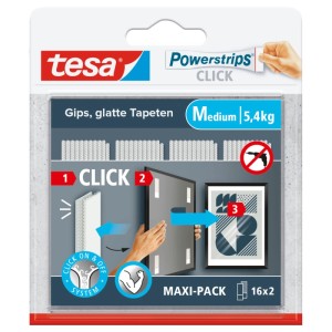 Verpackung Tesa Powerstrips Click-Medium, 16 Klebestreifen. Zeigt Montage von Bildern an Wand, 5,4kg Haltekraft, rückstandsfrei ablösbar.