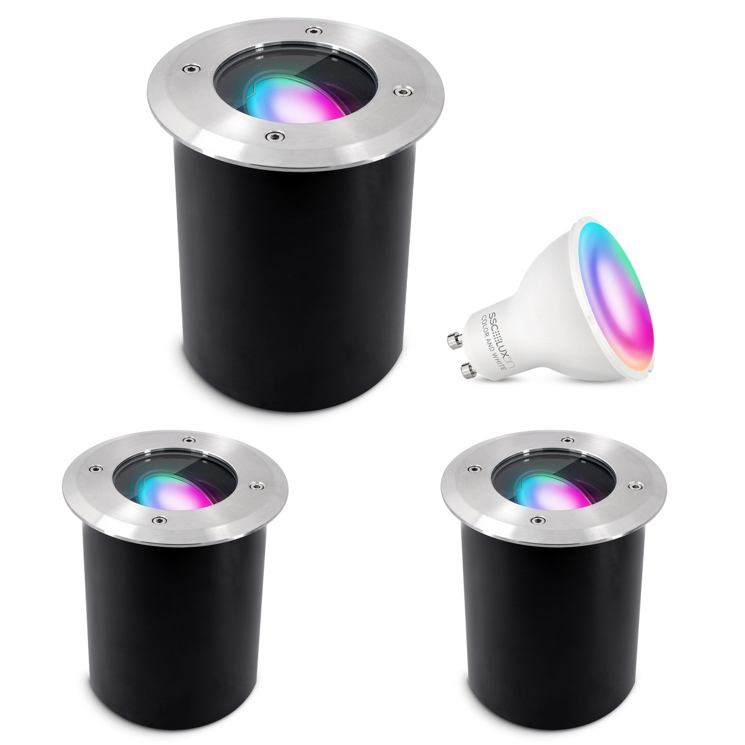 SSC-LUXon 3er Set Juavi Bodeneinbaustrahler Außen Schwenkbar Smart LED GU10 WLAN RGB CCT