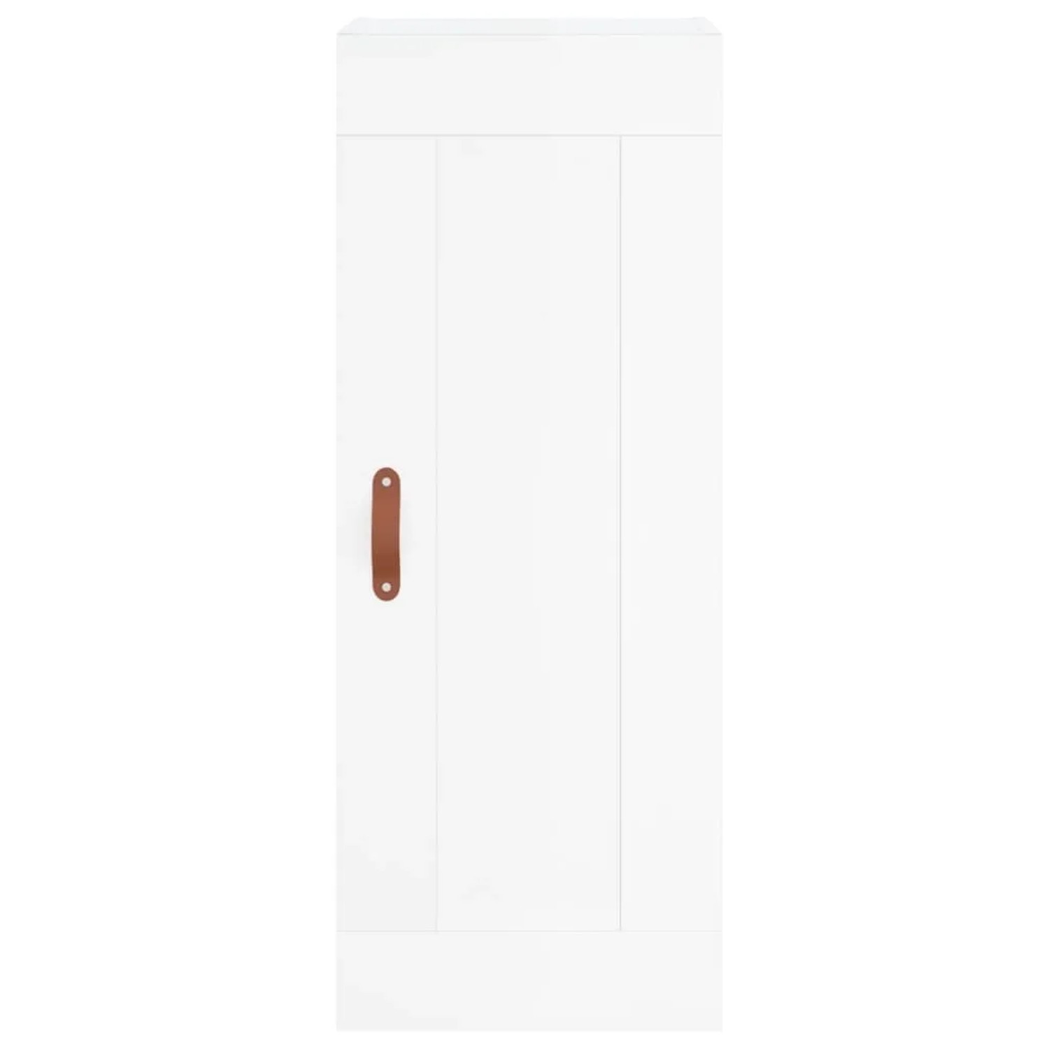 Weißer Hochglanz Wandschrank aus Holzwerkstoff mit vertikalen Paneelen und braunem Kunstledergriff. Wohnzimmerschrank.