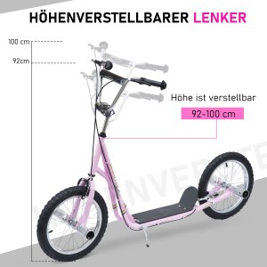 Rosa Kinderroller mit Luftreifen und höhenverstellbarem Lenker (92-100 cm).