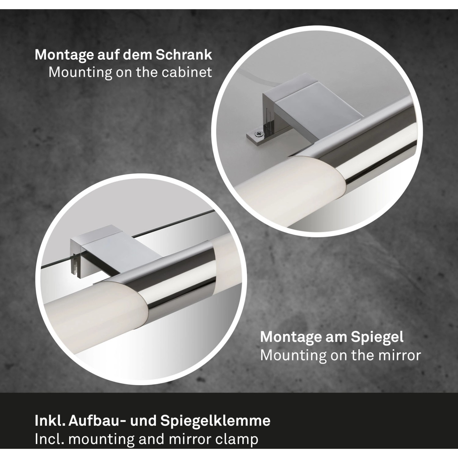 Brilo LED-Spiegelleuchte Klak Chrom, Montage auf Schrank und Spiegel mit Klemme.