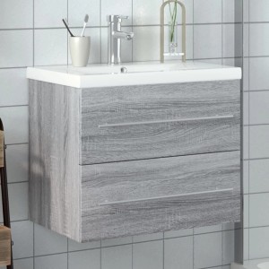 vidaXL Waschbeckenunterschrank mit Einbaubecken, Grau Sonoma-Eiche, mit zwei Schubladen und Armatur.