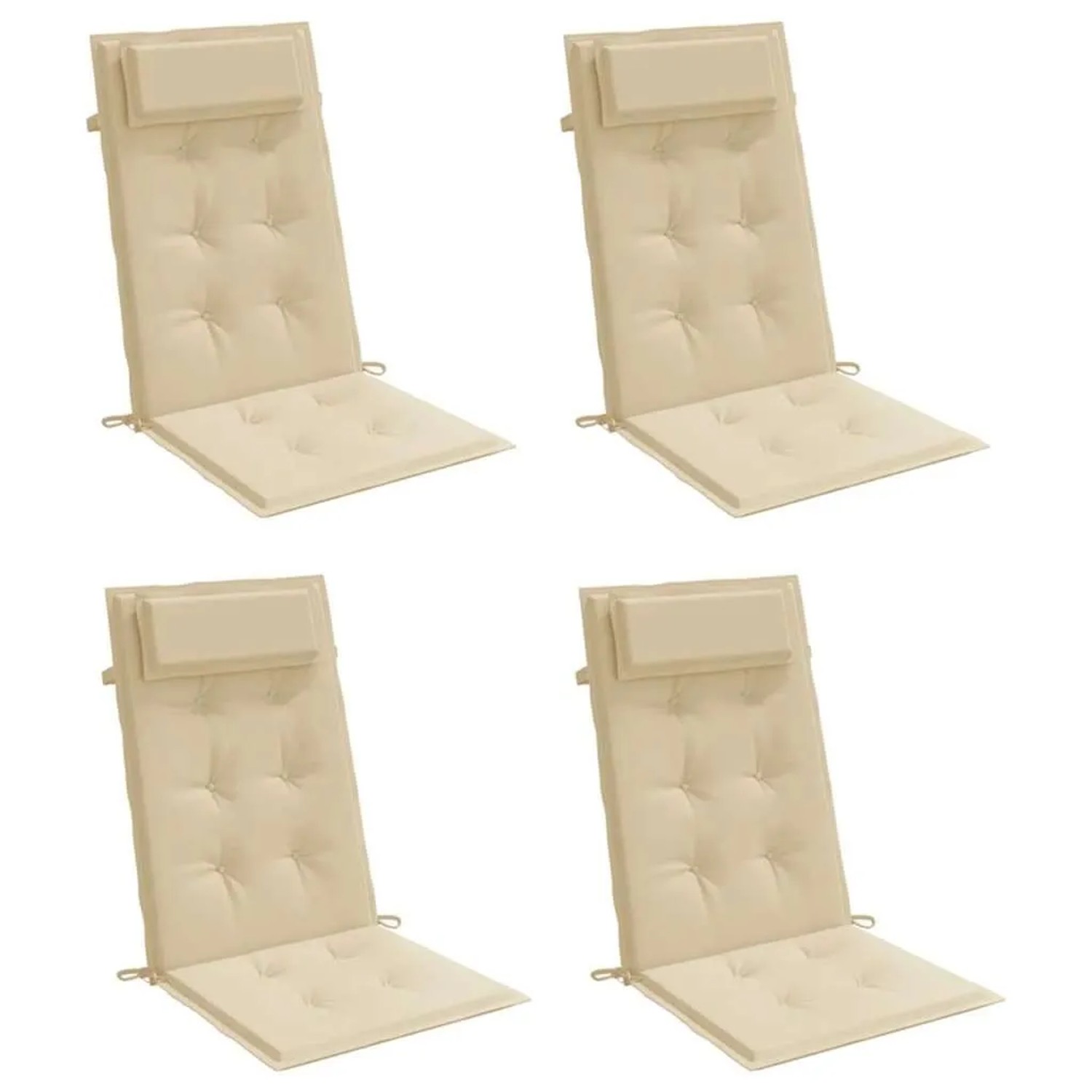 Vier beige Hochlehner-Auflagen aus Oxford-Gewebe mit Kopfpolster und Steppung für Gartenstühle.
