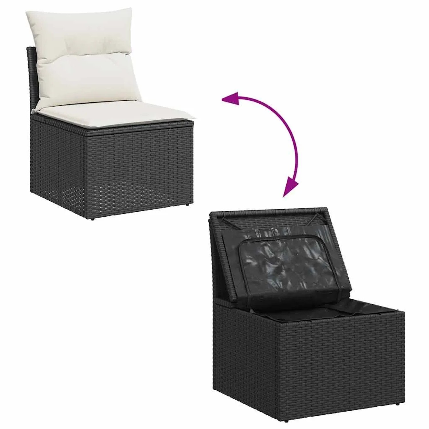vidaXL Garten-Sofagarnitur, 5-teilig, schwarz, Poly Rattan mit Staufach und Kissen.
