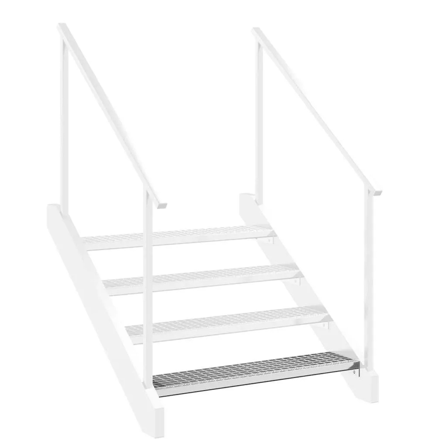Rutschfeste Gitterroststufe aus verzinktem Stahl, als Teil einer silbernen Treppe mit Handläufen.