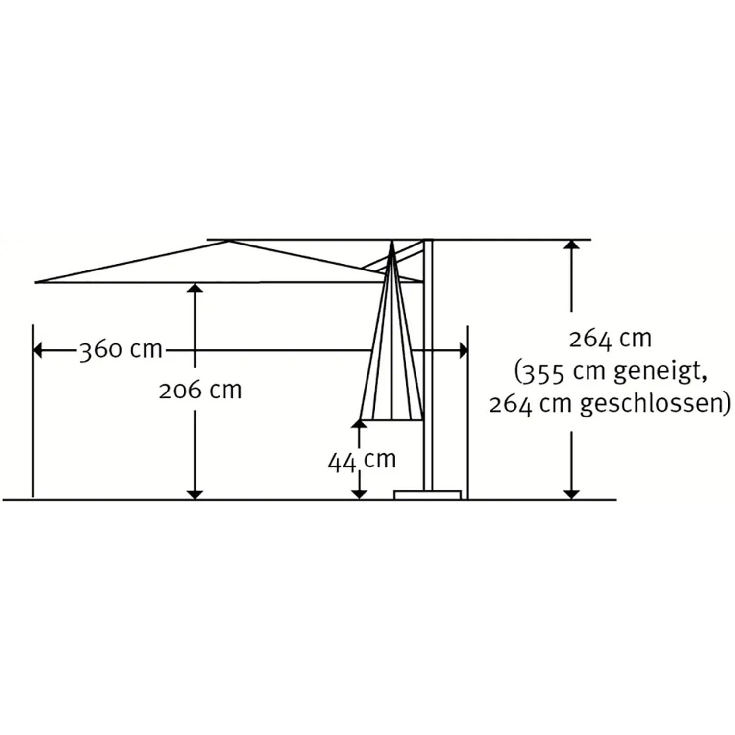 Skizze Schneider Ampelschirm 360x300 cm, Natur, mit Maßangaben zu Höhe, Breite und Tiefe.