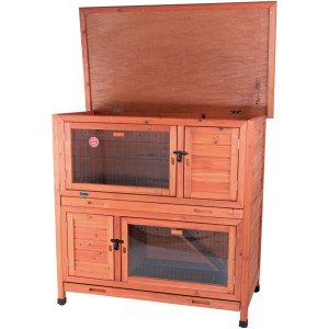 Trixie Kleintierstall Natura mit Wärmedämmung, braun, mit geöffnetem Dach.