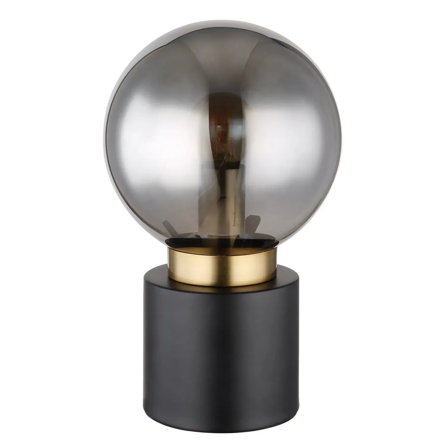 Globo Tischleuchte Marka, schwarz/messingfarben, Ø 15 cm. Design-Tischlampe mit runder, rauchfarbener Glaskugel.