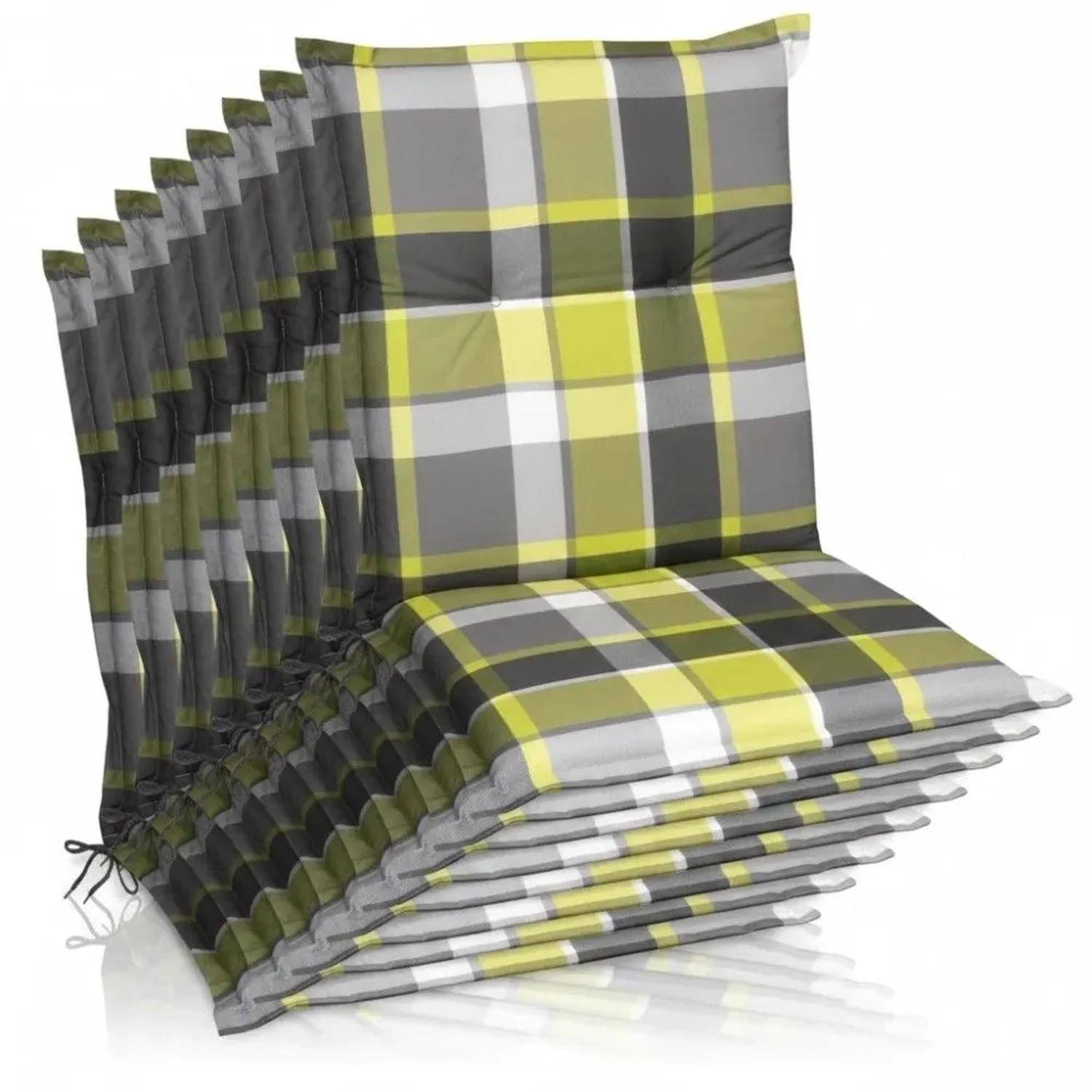 Beautissu 8er Set Sunny GR Niedriglehner Auflagen 100x50 cm in Grün Kariert