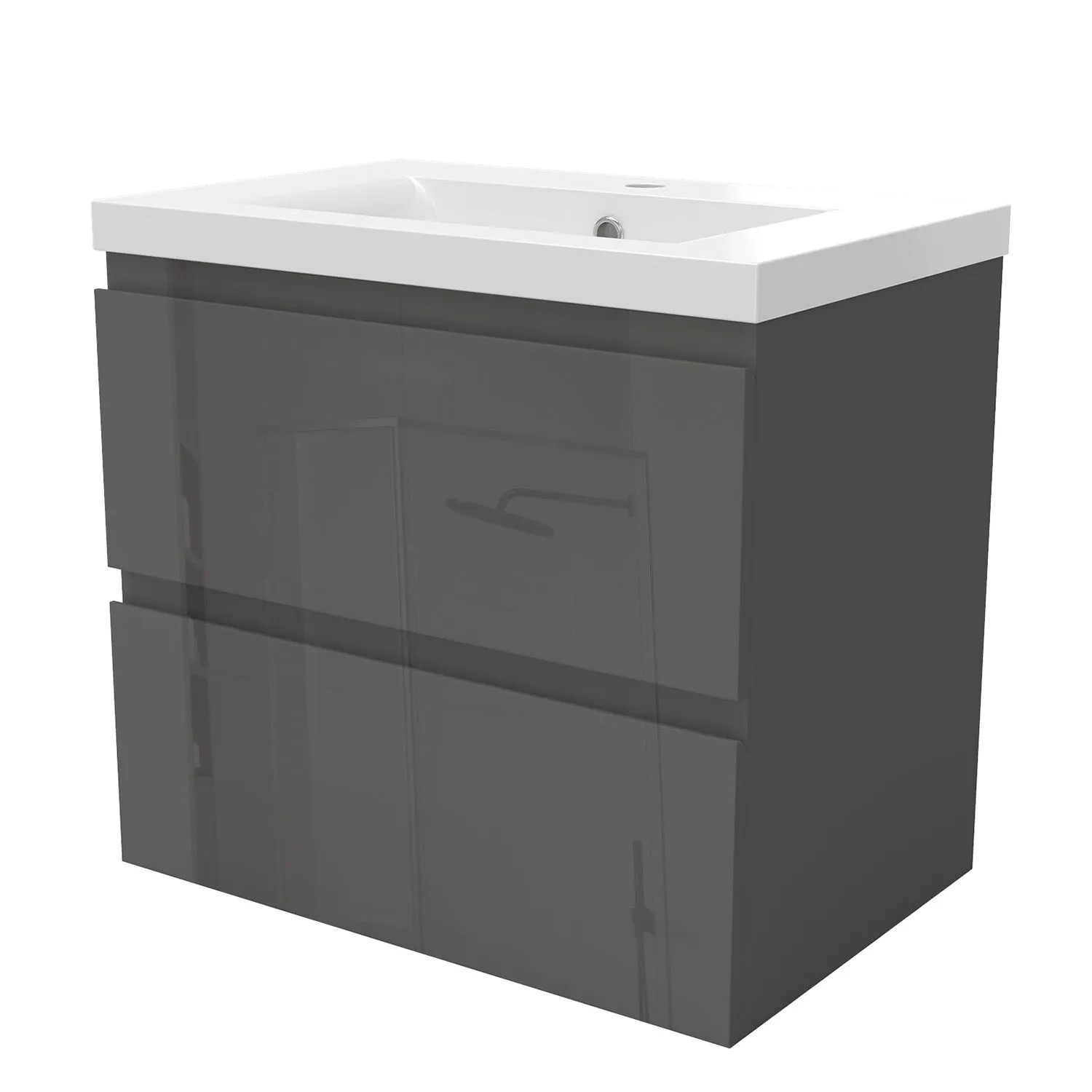 AICA Badmöbel Aalst 60 cm Keramik Waschtisch mit Unterschrank Hochglänzend Anthrazit Grifflos Softclose Schubladen 2 tlg.