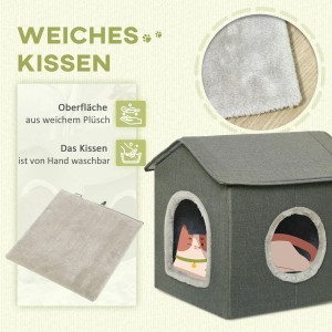 PawHut Katzenhöhle mit Kissen und zwei Eingängen. Gemütlicher Katzenkorb in Hausform.