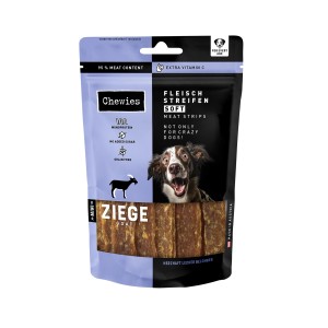 Chewies Fleischstreifen Soft Mini Ziege, 70g Packung. Hunde-Kaustreifen mit Ziege für Welpen und Senioren.