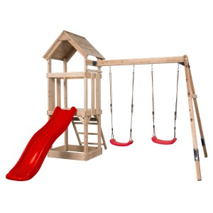 Swing King Spielturm Noa aus Holz mit roter Rutsche und zwei Schaukeln.