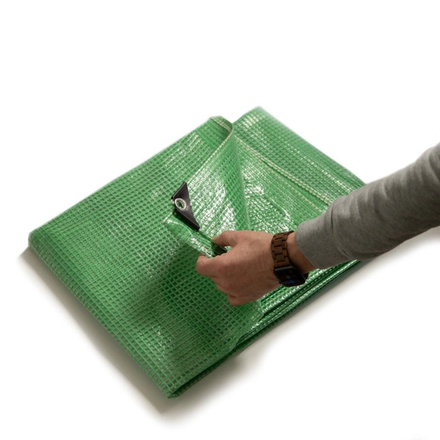 Grüne KARAT Abdeckplane Leno Extra (8x12m) mit Ösen, reißfest und wasserdicht.