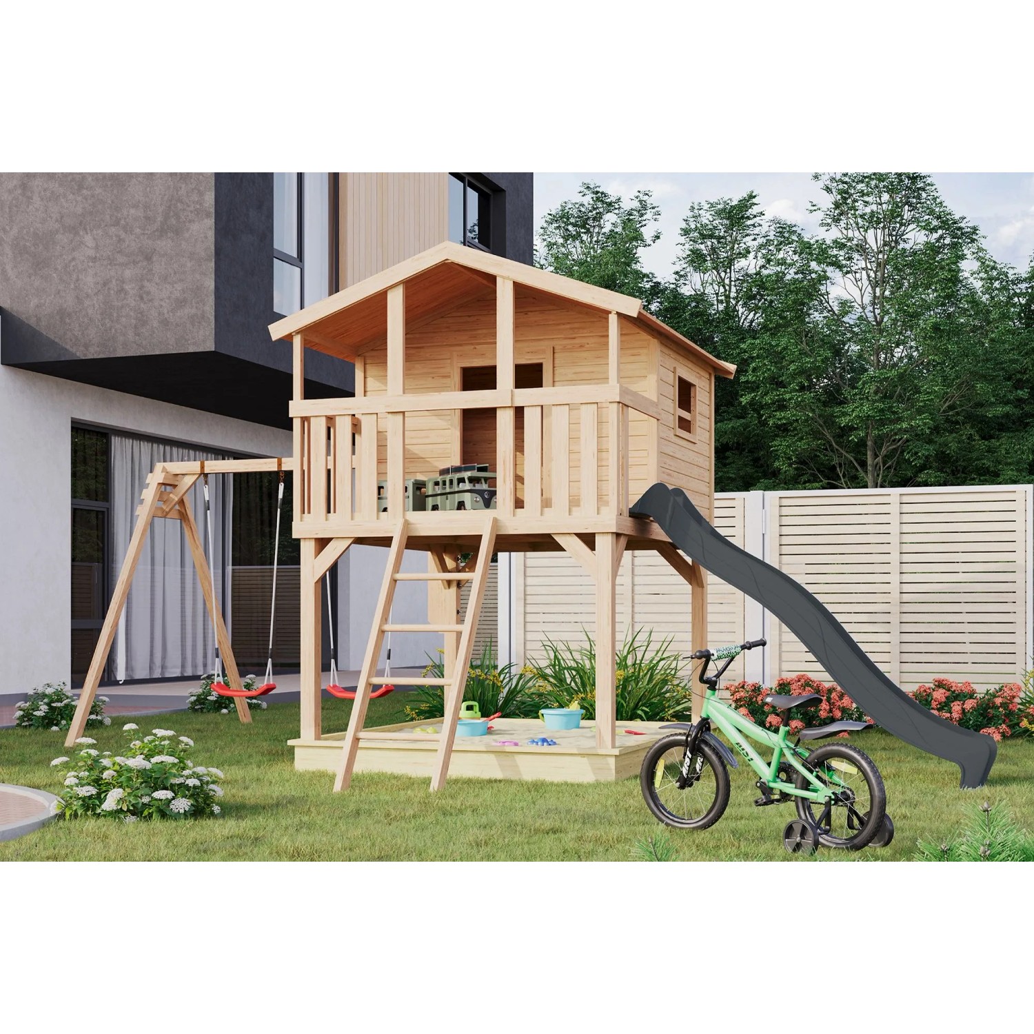 Karibu Stelzenhaus Benjamin mit Rutsche und Schaukelanbau in Natur-Anthrazit im Garten.