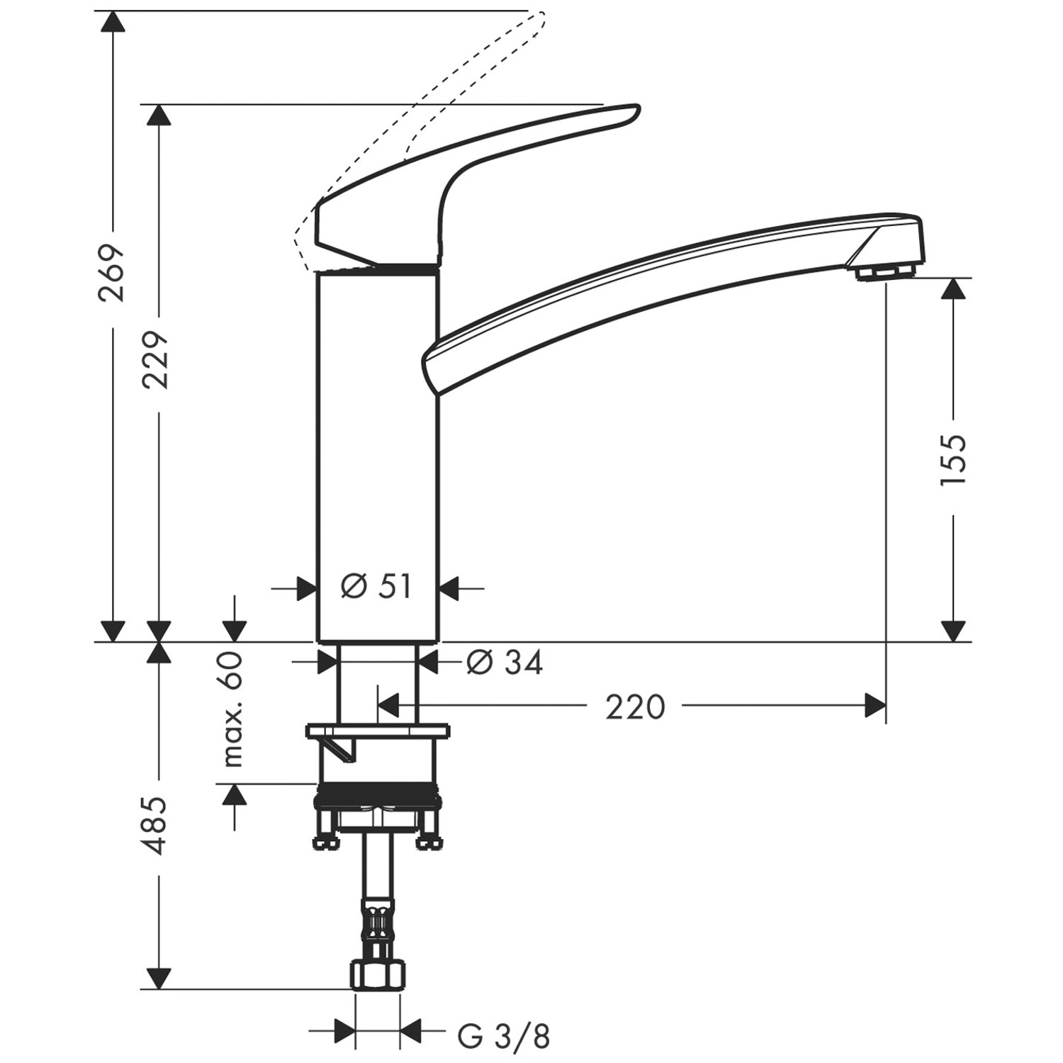Technische Zeichnung: Hansgrohe Focus Küchenarmatur, 160mm, Edelstahl-Optik, Maße und Anschlüsse.